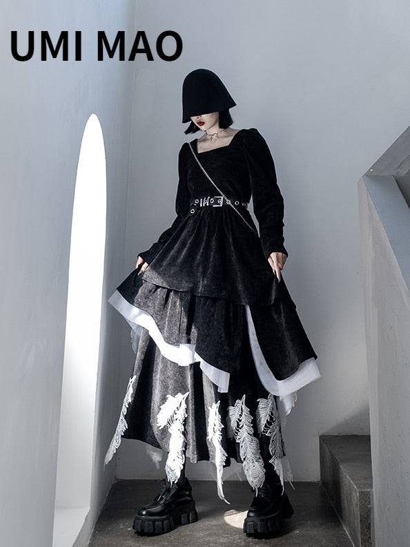 Dark Square Collar Autumn Korean Irregular Black Long Dress Design Niche Chic Female Women Y2K