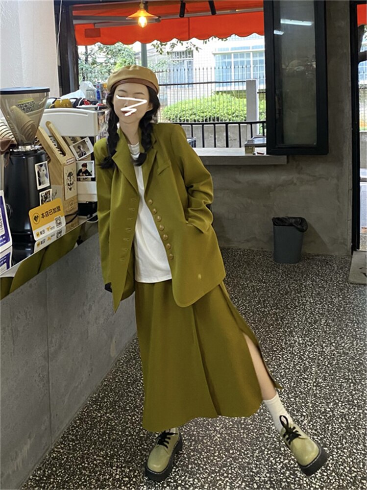 Clacive Women Spring Two Piece Set Korean Single Breasted Blazer Coat + Elastic Waist Slit Skirt Suits Casual Oversized 2 Pieces Outfits