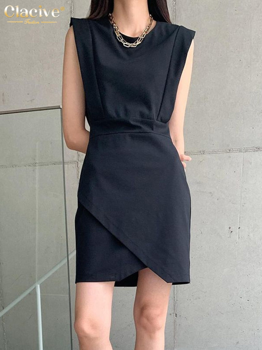 Clacive Bodycon Black Dress Lady Summer Elegant O-Neck Sleeveless Office Mini Dress Fashion Chic Classic Dresses For Women