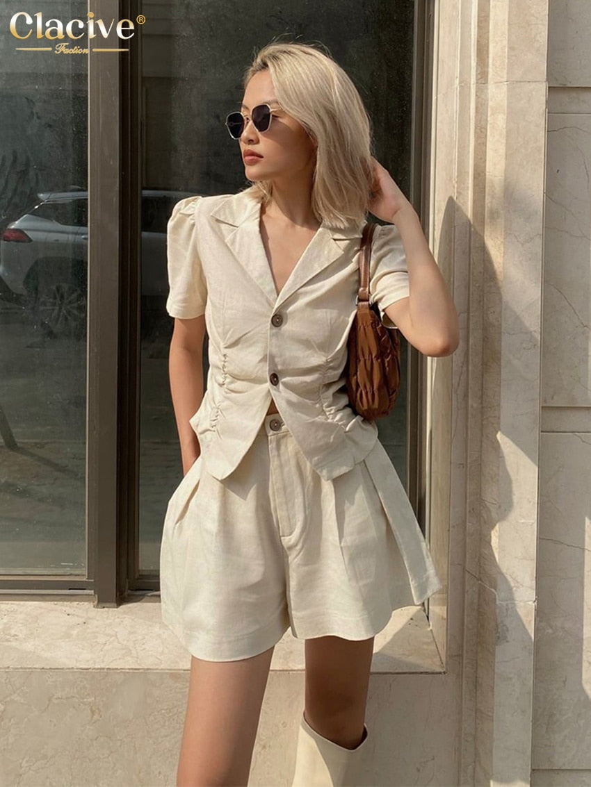 Clacive Sexy Short Sleeve Tops Two Piece Set Women Summer Khaki High Waisted Shorts Set Female Bodycon Lien Suits With Shorts