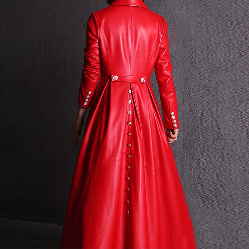 Clacive  Autumn Long Skirted Red Black Faux Leather Trench Coat For Women Double Breasted Elegant Luxury Fashion 4Xl 5Xl 6Xl 7Xl