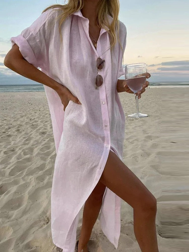 Clacive  Summer Casual Short Sleeve Beach Dress Lapel Button Solid Translucent Cardigan Dress Fashion Cotton Linen Super Long Shirt Dress