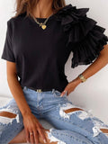 Clacive elegant back to school Solid Cascading Ruffle Fashion Brief Tops Women Short Sleeve Round Neck T Shirt Women