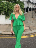 Clacive Sexy Deep V-Neck Puff Sleeve Tops Set Woman 2 Pieces Summer Bodycon Green Pants Set Fashion High Waist Trouser Suits