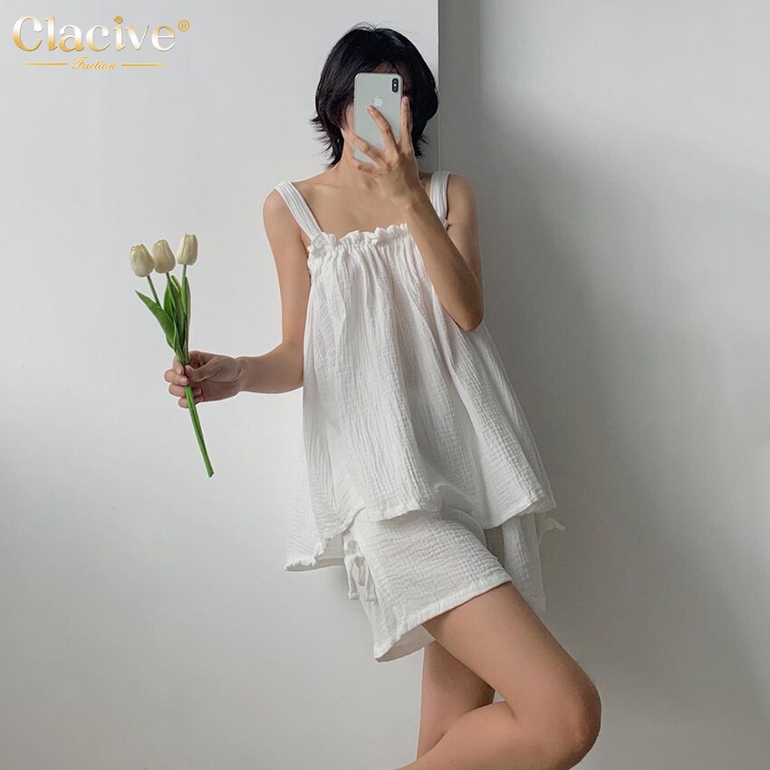 Clacive Casual White Tops Two Piece Set Women Summer High Wasited Shorts Set Female Elegant Loose Cotton Home Suits With Shorts