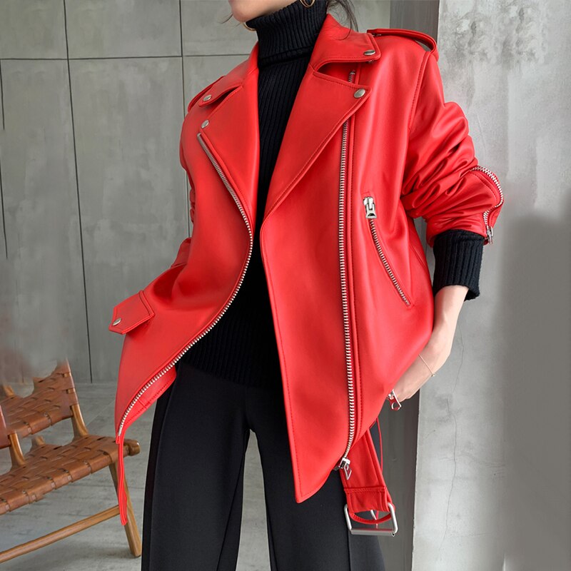 Clacive  Autumn Womens Leather Motorcycle Biker Jacket Zipper Long Sleeve Loose Red Black Soft Faux Leather Jacket For Women
