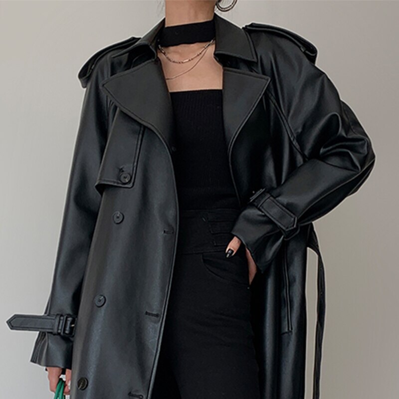 Clacive  Spring Autumn Long Gray Pu Leather Trench Coat For Women Raglan Sleeve Belt Runway Luxury Designer European Fashion