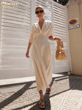 Clacive Elegant V-Neck Khaki Casual Women'S Dress  Fashoin Short Sleeve Office Midi Dress Bodycon Ruched Female Dresses