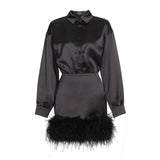 Clacive  Sexy Patchwork Feathers Shirt Dress For Women Lapel Long Sleeve Gathered Waist Mini A Line Dresses Female Spring Clothes New