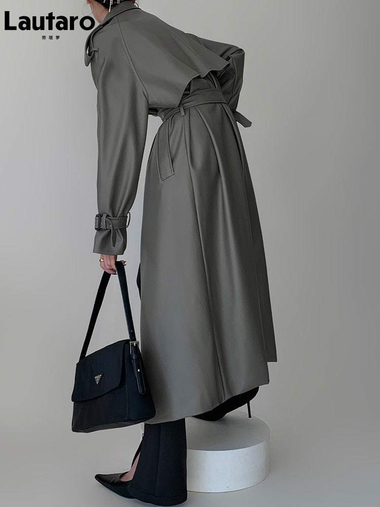 Clacive  Spring Autumn Long Gray Pu Leather Trench Coat For Women Raglan Sleeve Belt Runway Luxury Designer European Fashion
