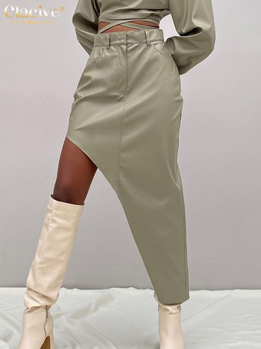 Clacive Fashion Pu Leather Women'S Skirt 2021 Casual Irregular High-Waisted Skirt Ladies Vintage Slim Pocket Long Skirts