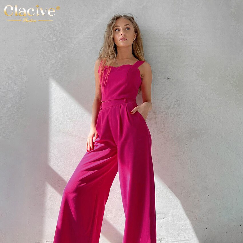 Clacive Summer Sleeveless Crop Top Two Piece Sets Womens Outifits Fashion Pink Pants Set Elegant High Waist Wide Trouser Suits