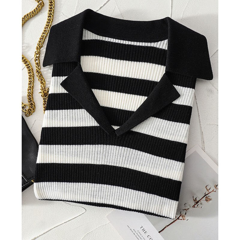 Clacive Ribbed Striped Sweater Jumper Woman Spring Autumn Long Sleeves V-Neck Fancy Knit Pull Tops Ladies Vintage Casual Pullover
