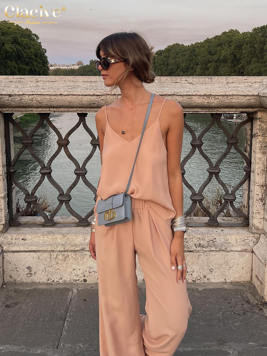 Clacive Sexy Sleeveless Crop Top Two Piece Set Women Summer Fashion Apricot Trouser Sets Elegant Loose High Waist Pants Suits