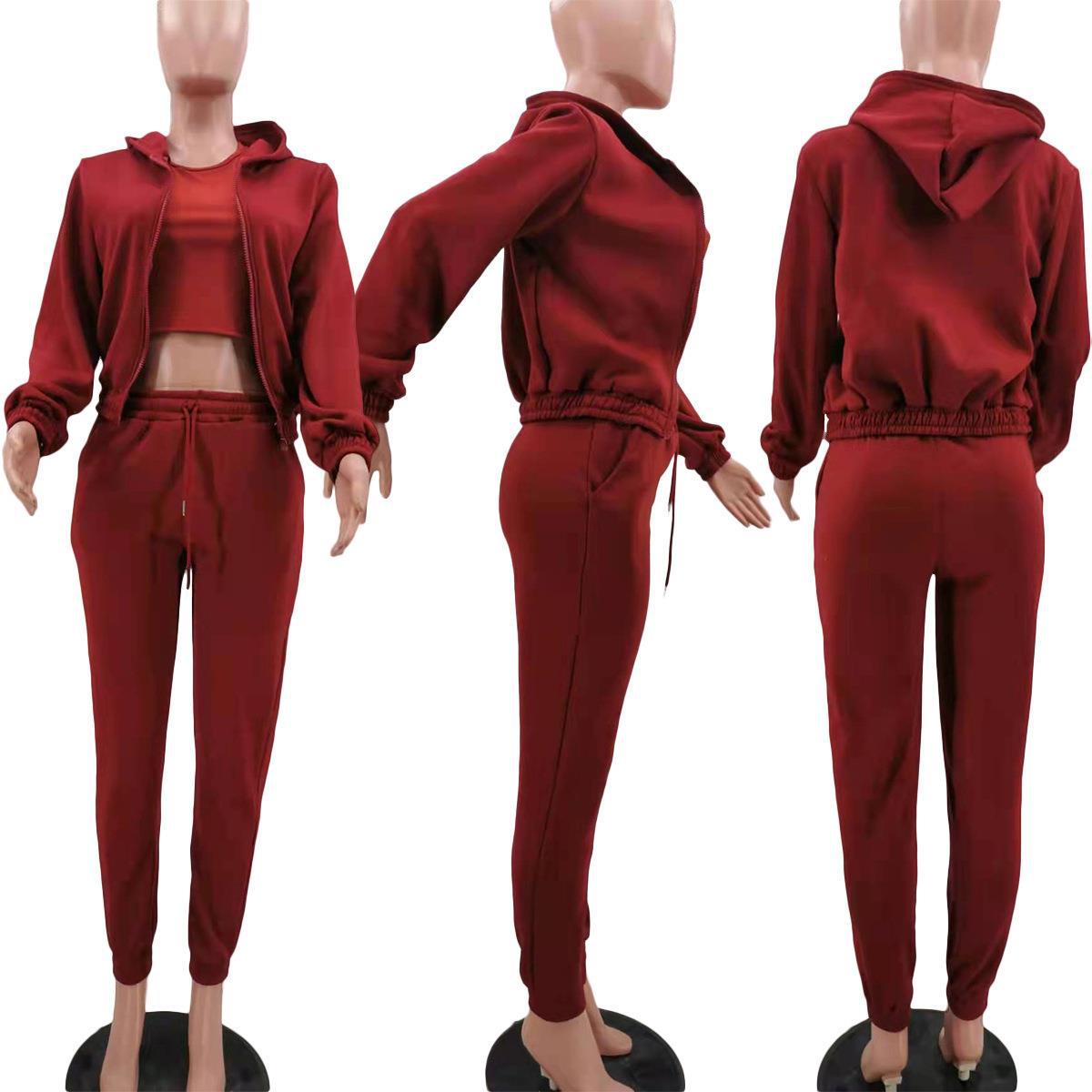 Female Set 3 Peice Womens Tracksuit Sport Wear Autumn New Fleece Hooded Sweater Long Sleeve Leisure Suit