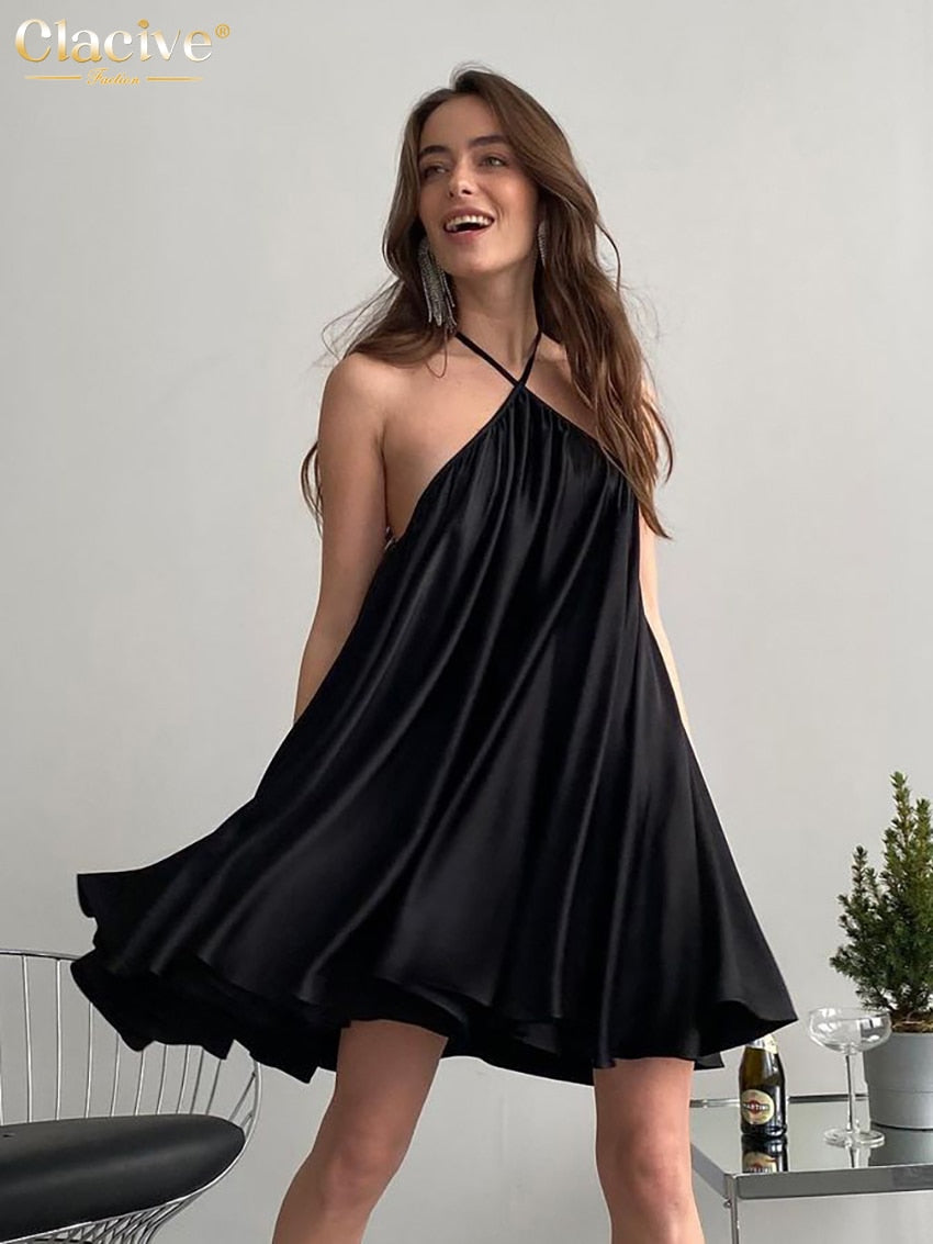 Clacive Women Sexy Loose Halter Black Dress  Summer Elegant Sleeveless Pleated Mini Dresses Casual Backless Female Dress