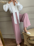 Clacive Elegant High Waist Pink Women Pants  Casual Loose Wide Trousers Lady Korean Fashion Pleated Full Length Office Pants
