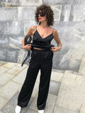 Clacive Summer Black Satin Trouser Suits Female Fashion Bodycon High Waist Pants Set Elegant Slim Tank Top Two Piece Set Women