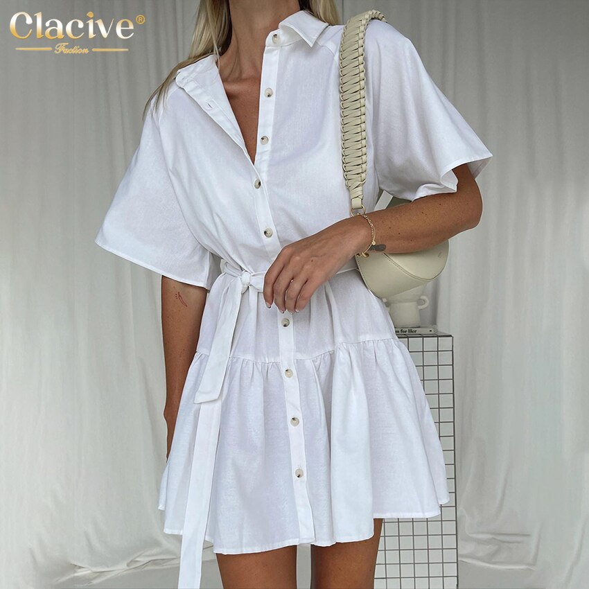 Clacive Fashion Office White Dress Lady Summer Casual Lapel Short Sleeve Mini Dress Shirt Elegant Loose Dresses For Women