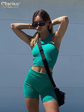 Clacive Summer Green Women'S Tracksuit Bodycon Sleeveless Crop Top Two Piece Set Sporty Elegant Slim High Waisted Shorts Set