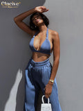 Clacive Sexy Crop Top Set Woman 2 Piece Summer Bodycon Blue Pleated Pants Set Female Fashion Slim High Waist Slit Trouser Suits