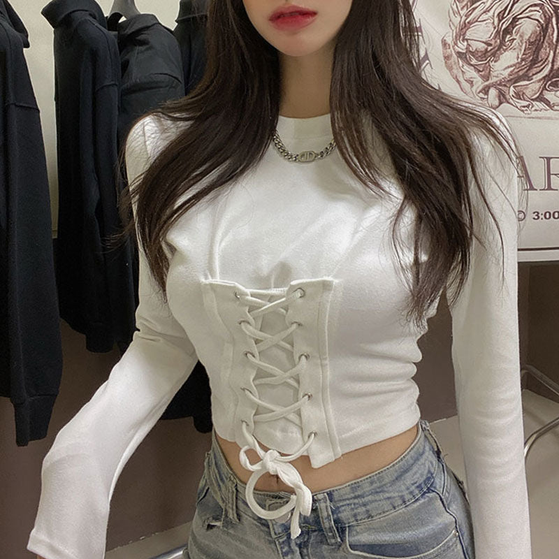 Fall outfits Vintage Skinny Crop Top Women Lace Up Long Sleeve T Shirt Casual Basic Tshirt Solid Color Black White Ladies Tops Korean Fashion