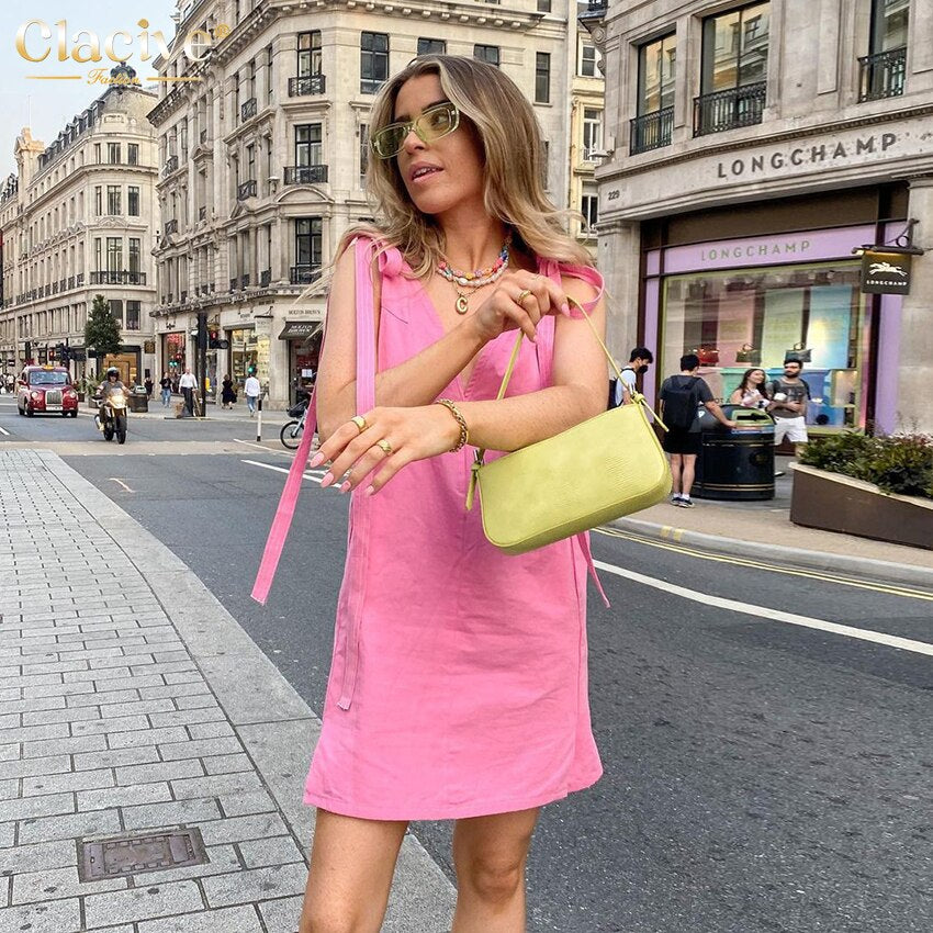 Clacive Sexy V-Neck Pink Women'S Dress  Summer Casual Sleeveless Office Mini Dress Fashion Loose Lace-Up Female Dress
