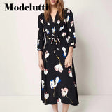 Clacive   New Spring Summer Fashion Floral Printed Dress Belt Elegant Temperament Slim Simple Casual Midi Dress Female