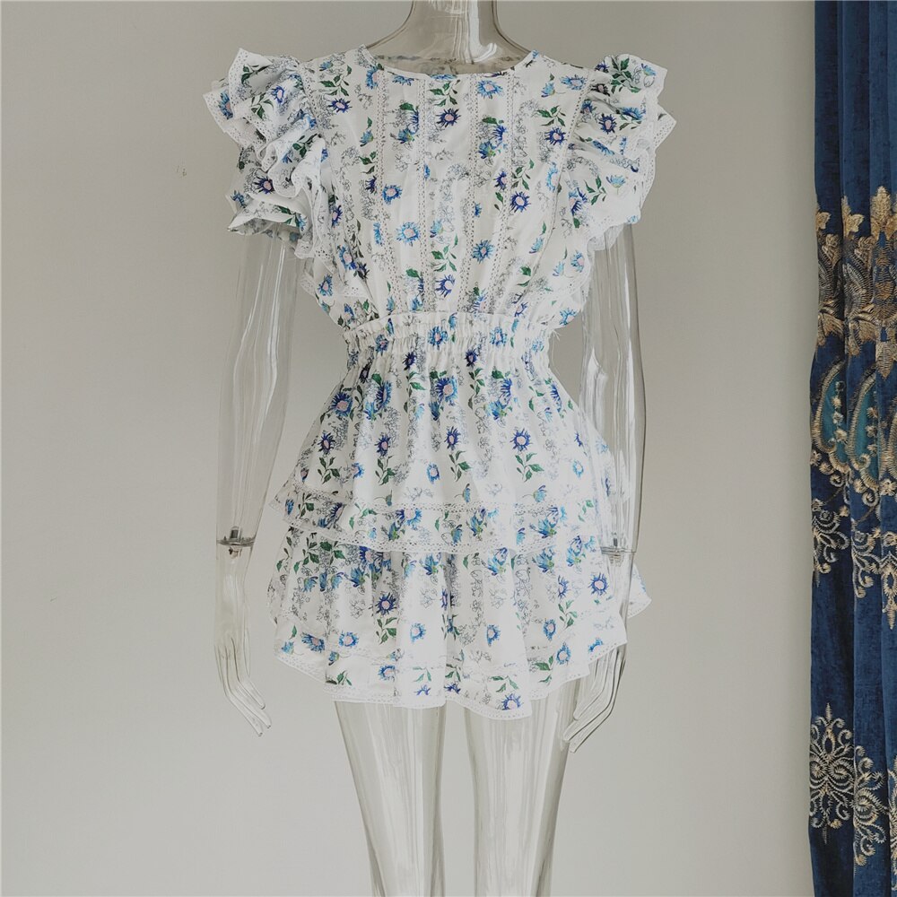 Clacive New Arrival Summer Short Sleeve Natasha Mini Dress Women Ruffled A-Line Dress Blue Print