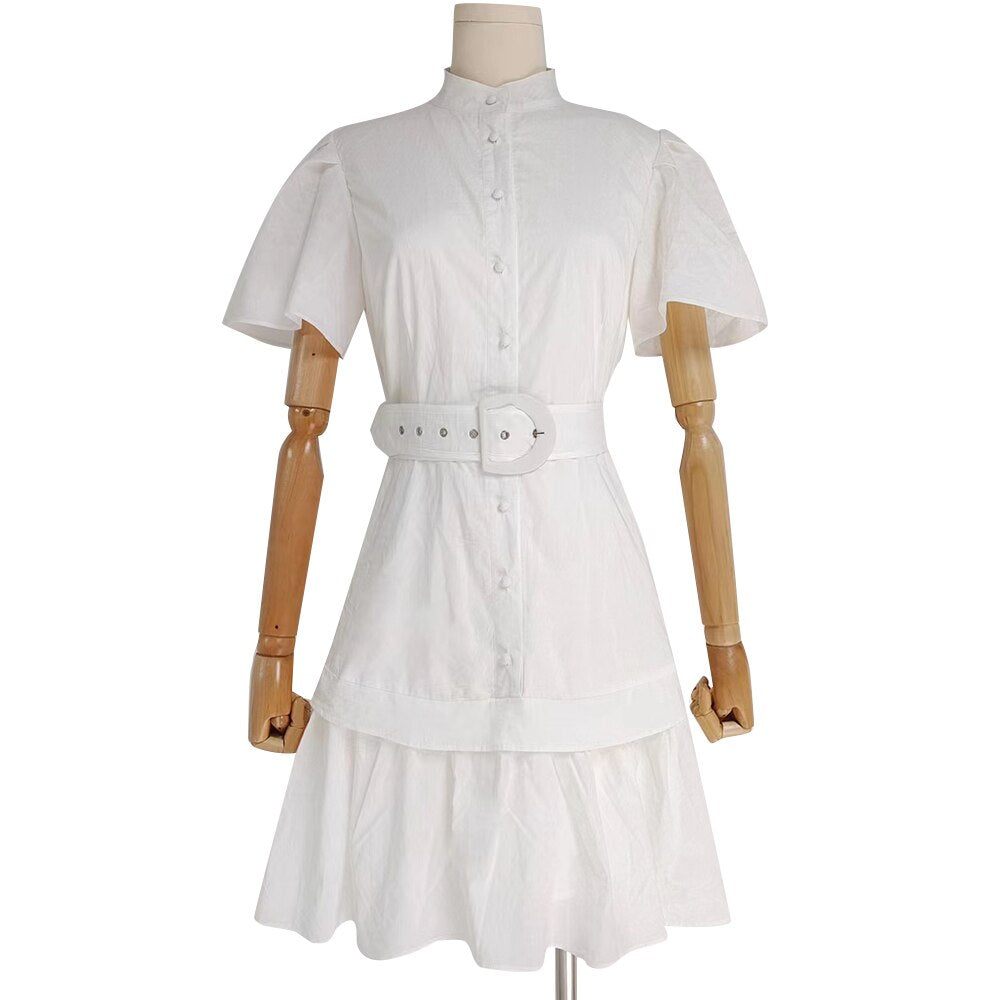 Clacive  White Elegant Dress For Women Stand Collar Short Sleeve High Waist Solid Mini Dresses Female Fashion Clothing Style  New