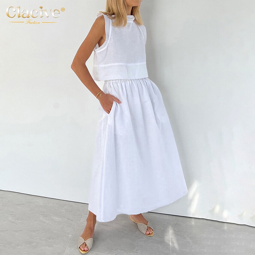 Clacive Summer Stand Collar Shirts Women Two Piece Set Casual Loose High Waist Midi Skirts Set Elegant White Suits With Skirt