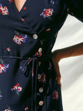 Clacive  New Women V-Neck Floral Print Wrap Mini Dress Ladies Short Sleeve Prairie Chic Slim Waist Side Buttons Lace-Up Short Robe