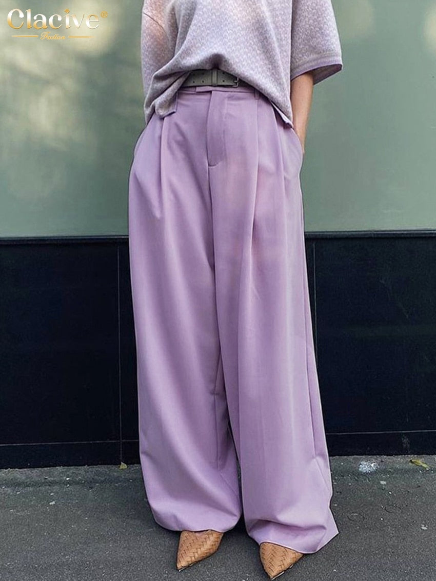 Clacive Fashion Purple Women'S Pants  Casual Loose Office Wide Trousers Female Elegant Pleated High Wiast Pants Pockets
