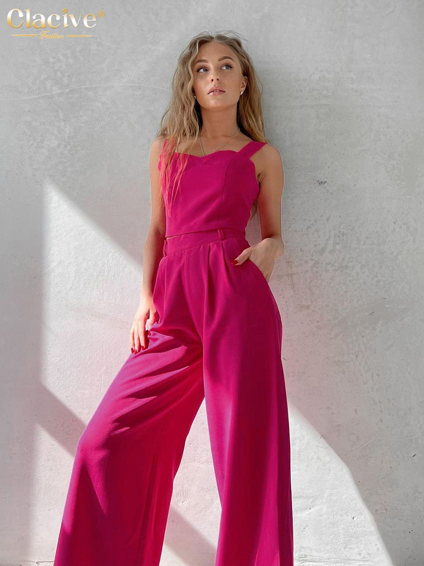 Clacive Summer Sleeveless Crop Top Two Piece Sets Womens Outifits Fashion Pink Pants Set Elegant High Waist Wide Trouser Suits