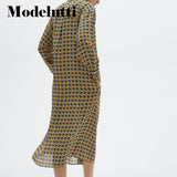 Clacive   New Spring Summer Fashion Long Sleeve Print Chiffon Dress Women Simple Belt Thin Elegant Casual Midi Dress Female