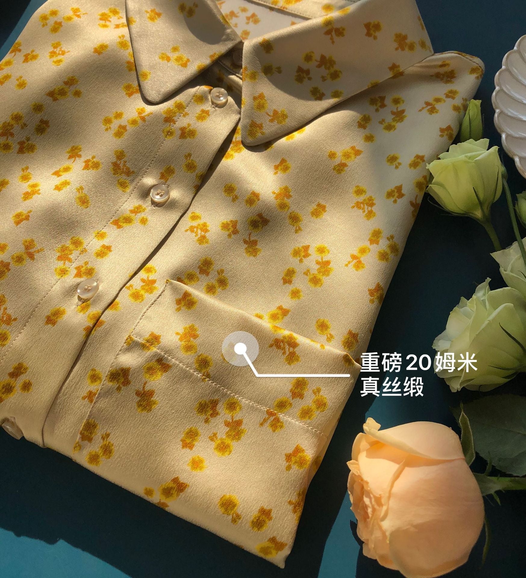 Clacive 100% Silk Women Shirt  Spring / Summer Gorgeous Satin Soft Beeswax Osmanthus Short-Sleeved Blouses