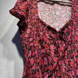 Clacive Women Square Collar Rose Print Midi Dress Lace-Up Slim Vintage Ladies Short Sleeve French Long Robes  Summer Dresses