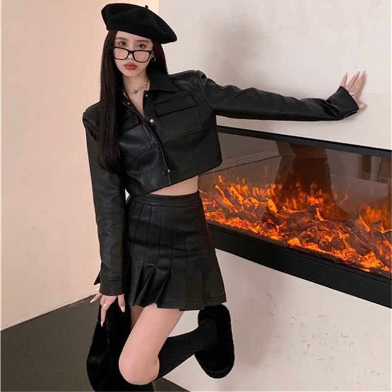 Clacive Spring Streetwear PU Two Piece Set Women Loose Crop Top Short Jacket And Faux Leather Pleated Sexy Mini Skirt 2 Piece Outfits