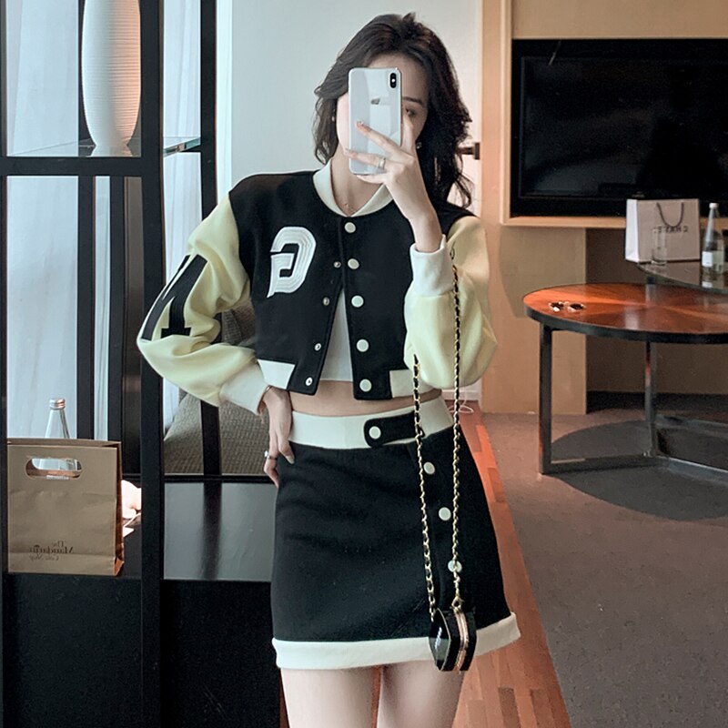Clacive Fashion Crop Baseball Jacket And High Waist Mini Skirt Two Piece Skirt Set Women 2 Piece Set Suits