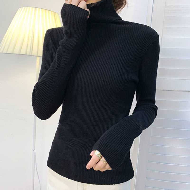 Clacive Harajuku Pullover Turtleneck Sweater Women Fall Soft Knit Sweater Slim Elastic Korean Simple Basic Cheap Jumper Solid Tops