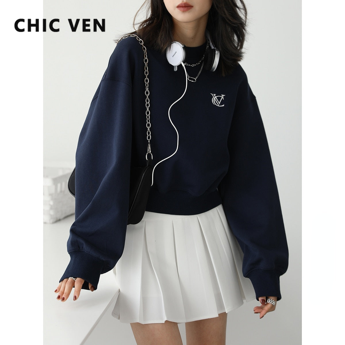 Clacive  Women's Casual Pullover Short Sweatshirts College Style Letter Embroidery Sports Jacket Female Tops Spring Autumn