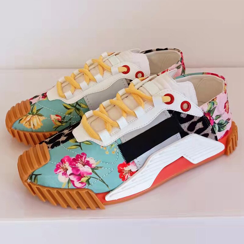 Clacive Classic Flat Thick Sole Sneakers Women Round Toe Print Mixed Color Lace Up Tennis Shoes Female Spring Platform Walking Shoes