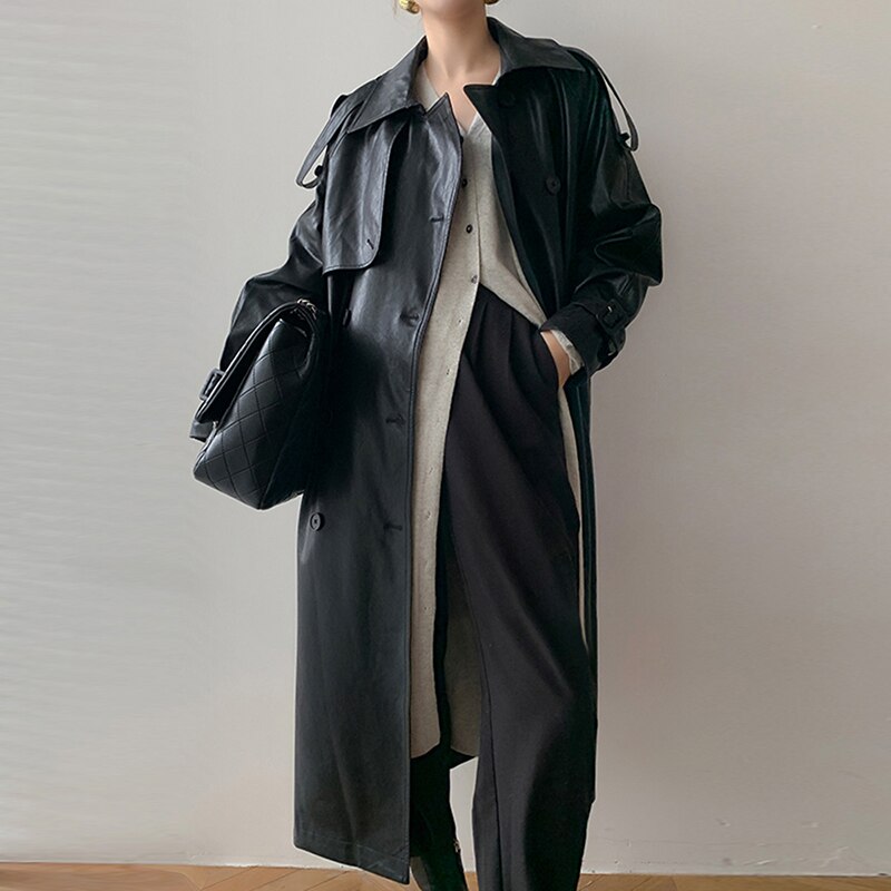 Clacive  Autumn Long Oversized Black Faux Leather Trench Coat For Women Raglan Long Sleeve Double Breasted Brown Korean Fashion