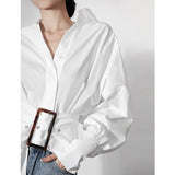 Women's  Summer Runway Fashion Long Sleeve Casual Loose V Neck White Shirt Female Casual Basic T Shirt  Blouse Top TB2510