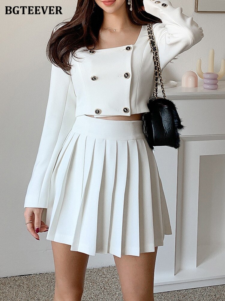 Elegant Ladies Skirt Set Square Collar Full Sleeve Double Breasted Jacket And Pleated Mini Skirts Women 2 Pieces Set