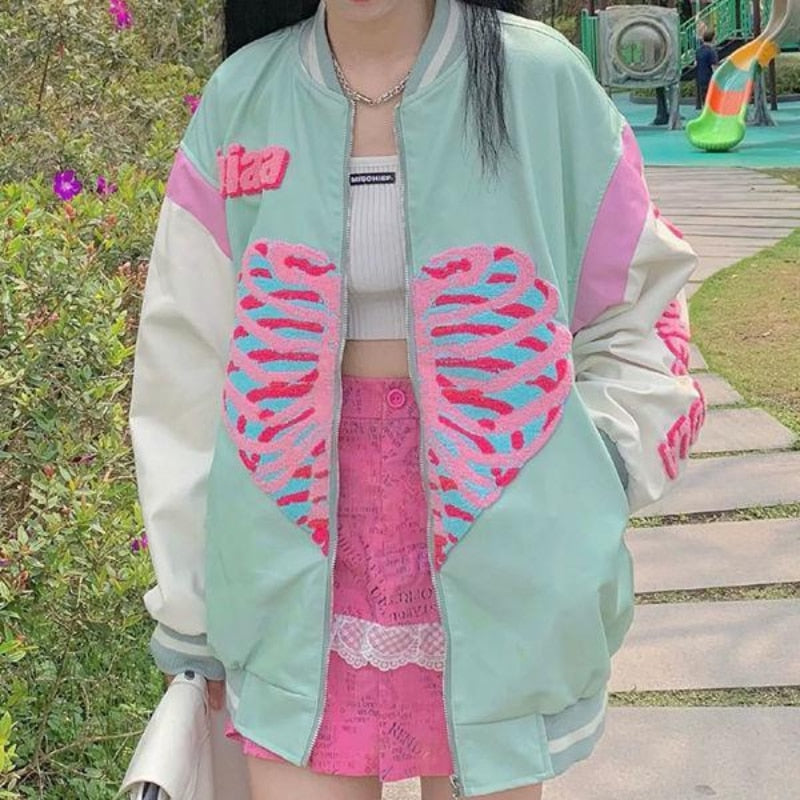 Back to school  Punk Skeleton Heart Print Hoodies Women Hip Hop Harajuku Oversized Zip Up Sweatshirts Female Retro Green Casual Jacket