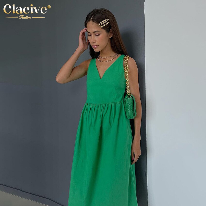 Clacive Summer V-Neck Green Women'S Dress  Casual Loose Sleeveless Office Midi Dresses Elegant Classic Ruched Female Dress