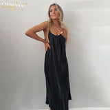 Clacive Sexy Spaghetti Strap Black Dress Ladies Summer Loose Pleated Midi Dress Elegant Backless Party Dresses For Women