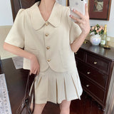 Clacive Summer Tweed Two Piece Set Women  Short Sleeve Shirt Crop Jacket + High Waist Sexy Mini Pleated Skirt Vintage 2 Pieces