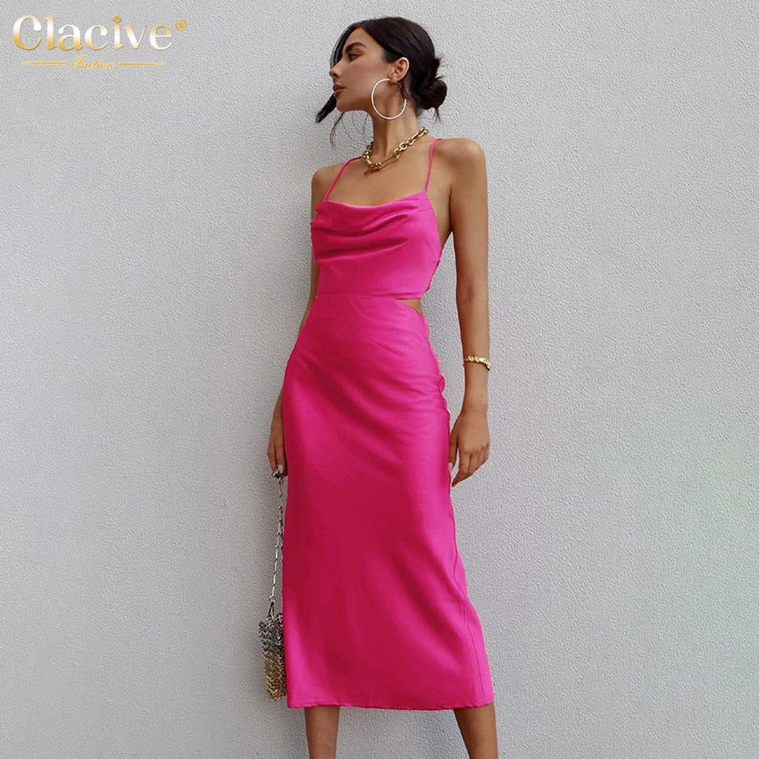 Clacive Sexy Strap Pink Satin Dress Ladies Summer Bodycon Sleeveless Midi Dress Elegant Lace-up Backless Dresses For Women